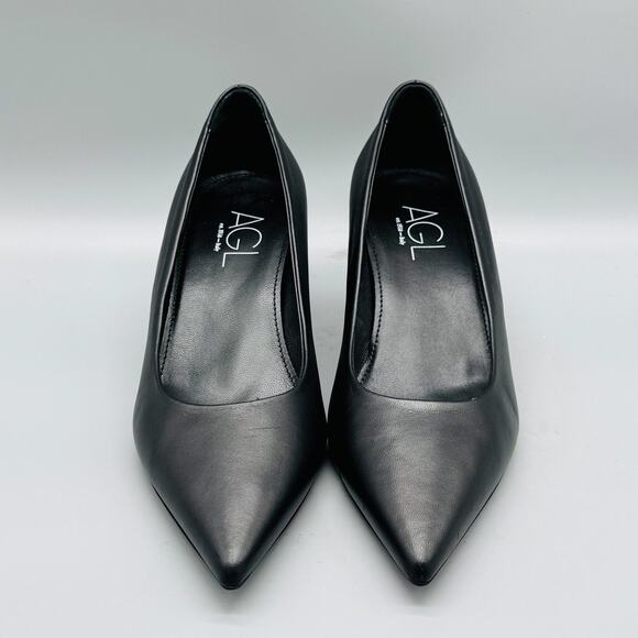 AGL Shoes Womens 8 Black Leather Pumps Pointed Toe Slip On Classic Block Heel - Picture 3 of 11